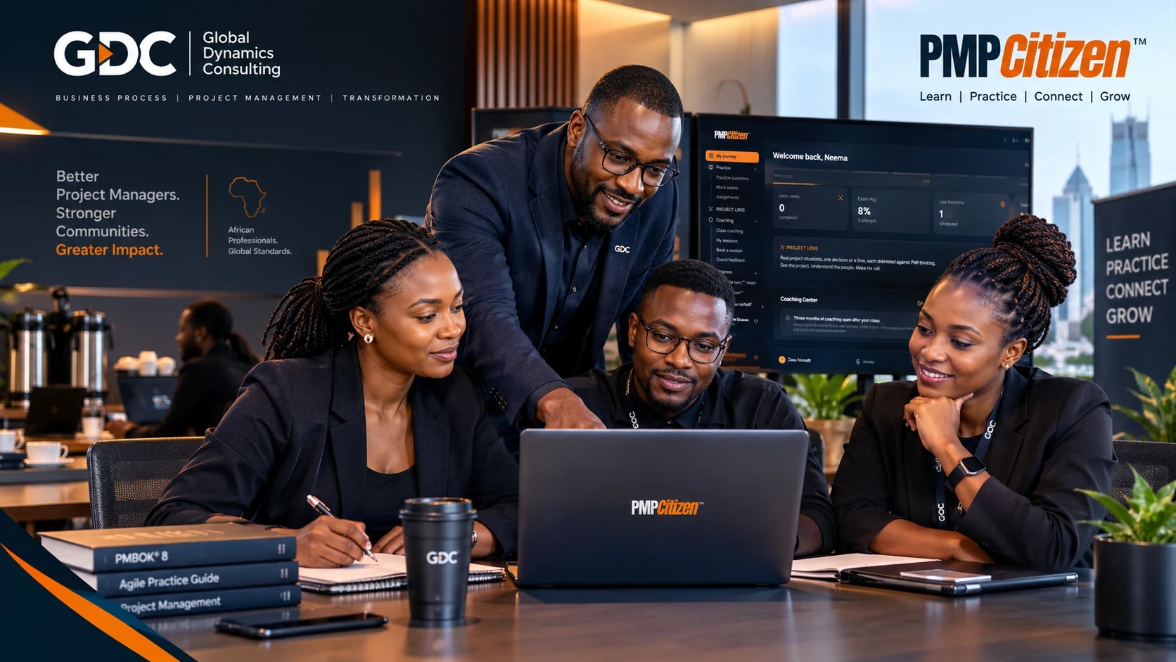 A GDC instructor guiding three PMP Candidates working on PMCitizen, with their learning dashboard on screen